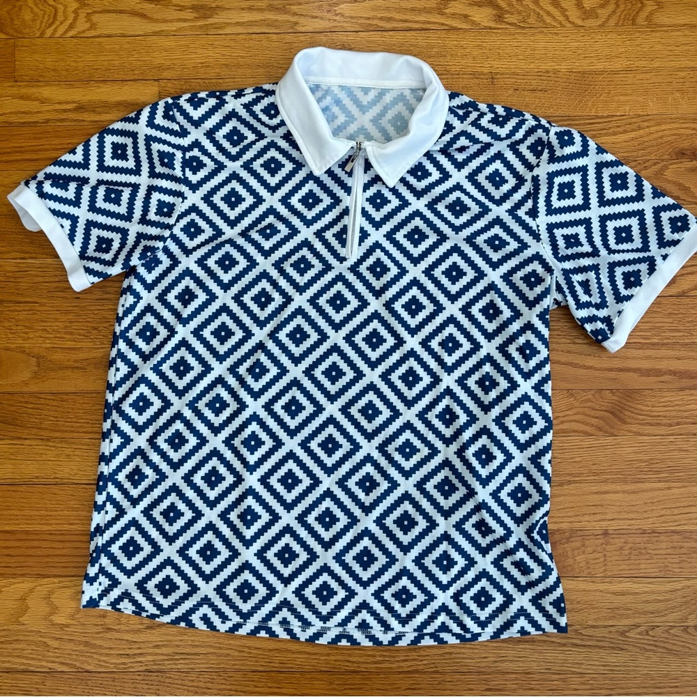 Unbranded Shirt Men’s XL White Blue Diamond Pattern Collared Half Zip Top Polo